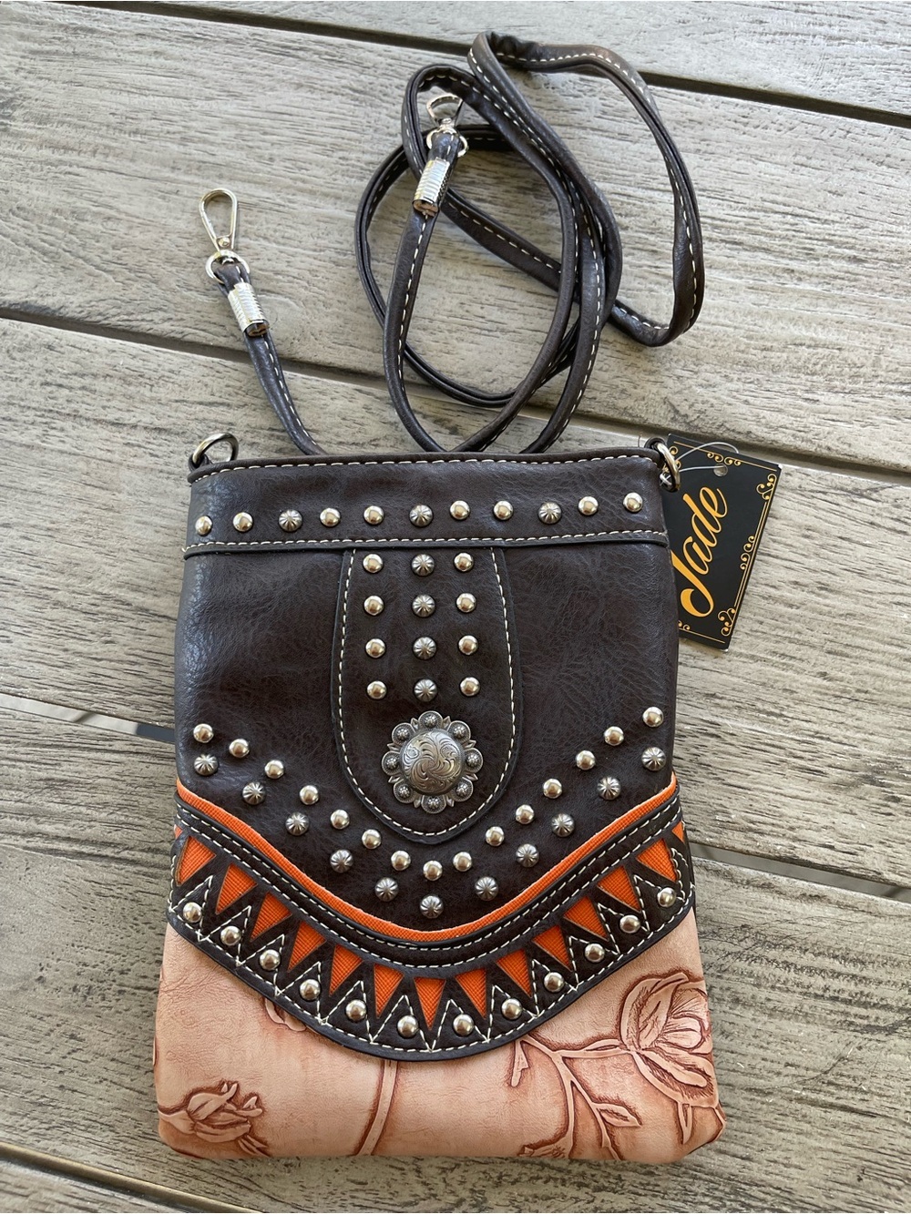 Jade Western Saddle-Style Floral Embossed Crossbody Bag in Brown and Tan NWT